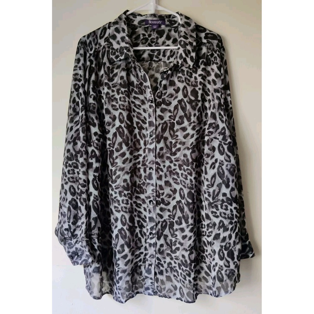 Roamans Plus Size Blouse Black/White Leopard Print Button Down Sheer Womens 24W‎